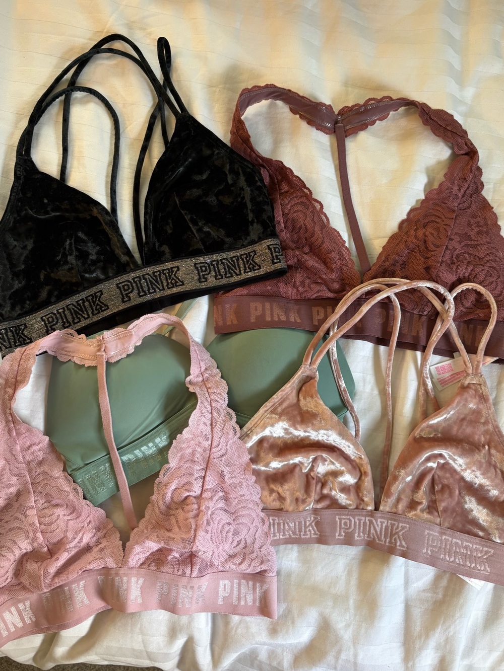 PINK Victoria's Secret Lace & Velvet Bralette Pack - Pink, Black, Mauve, Green